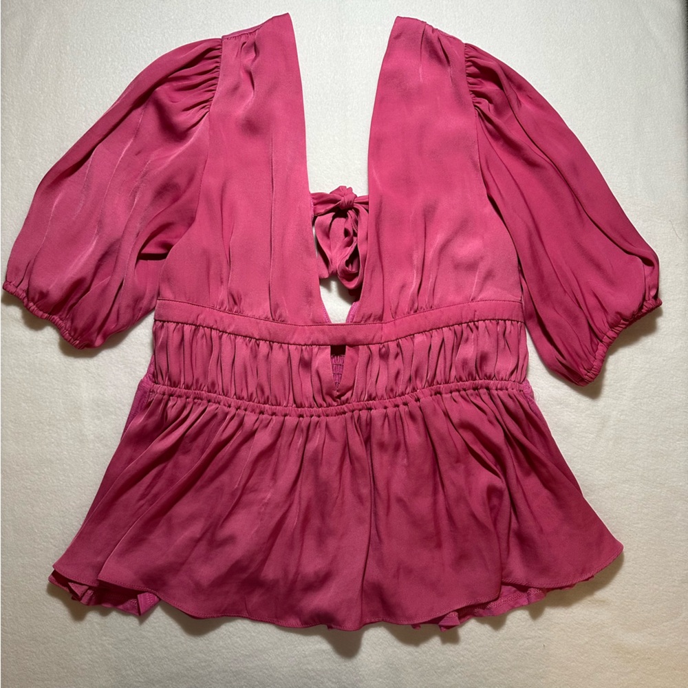 Anthropologie Magenta-Tone Deep V Tie-Back Peplum Blouse